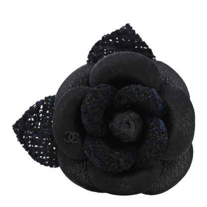 Chanel Tweed Fabric Camellia Pin Brooch Navy Blue Black 1 of 3