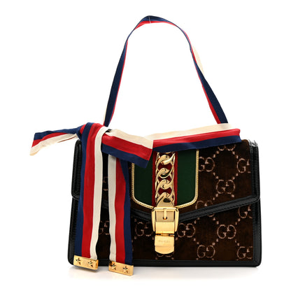 Gucci Velvet GG Monogram Web Small Sylvie Shoulder Bag Brown Black Oro Vecchio 1 of 11