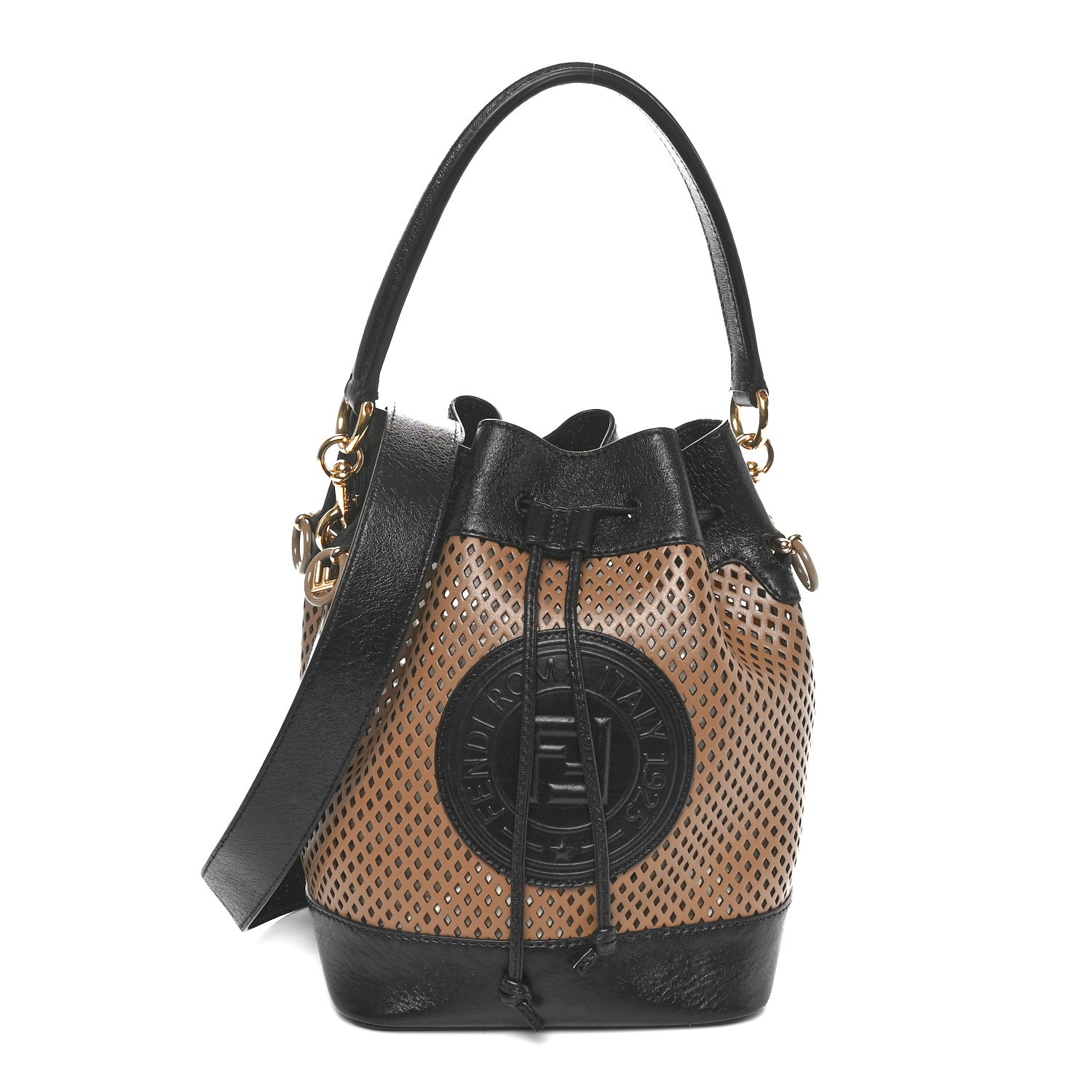 Fendi Vitello Liberty Glossy Lambskin F is Fendi Perforated Small Mon Tresor Bucket Bag Sand Mimosa Black 1 of 10