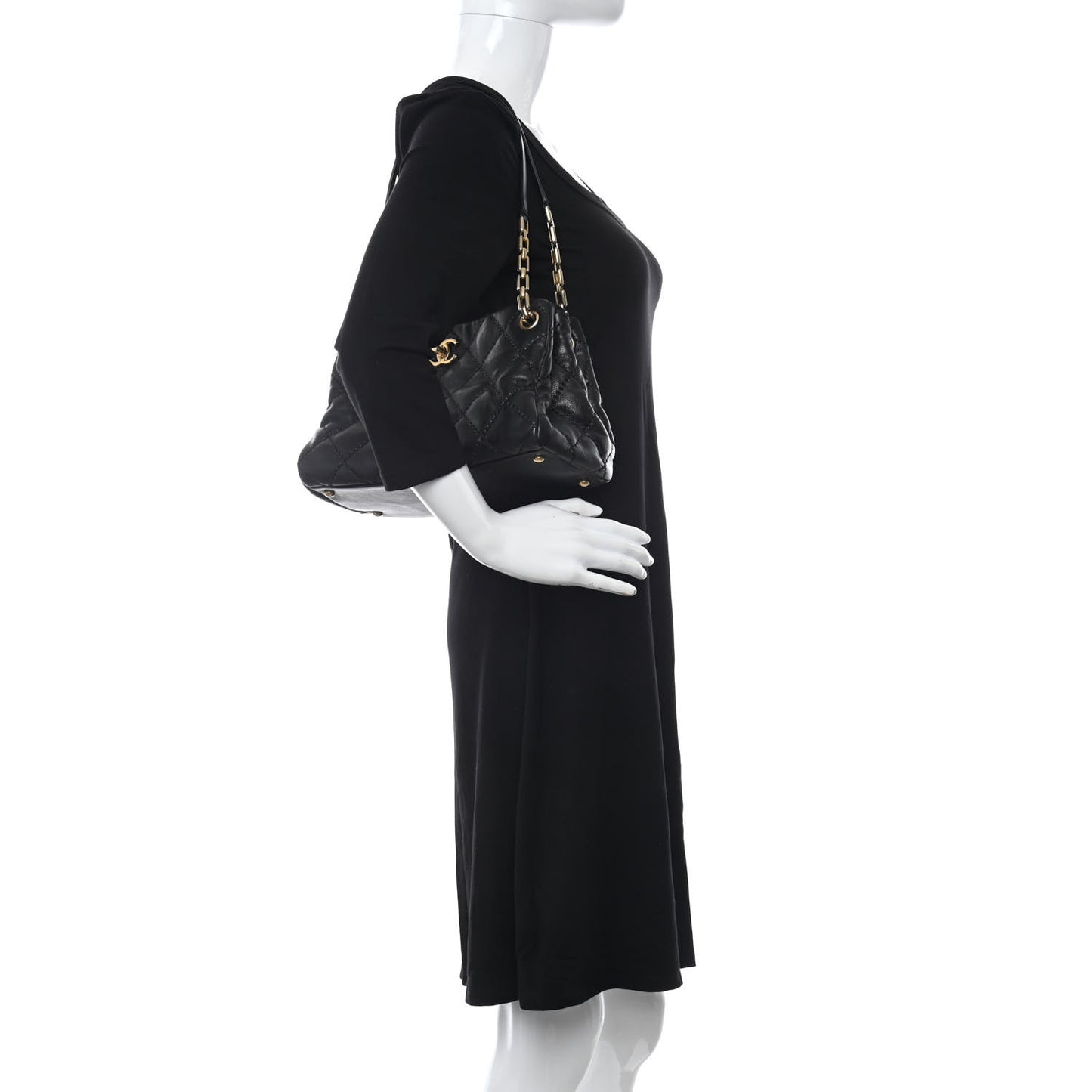 Calfskin Stitched Small Retro Chain Tote Black