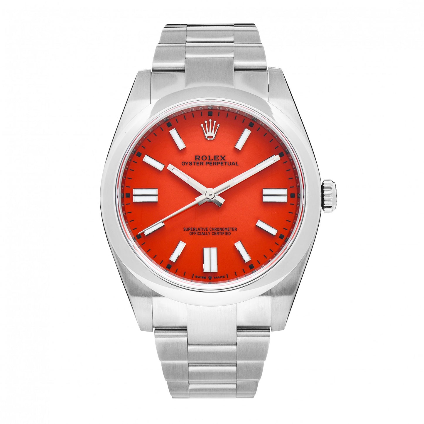 Stainless Steel 41mm Oyster Perpetual Watch Coral Red 124300