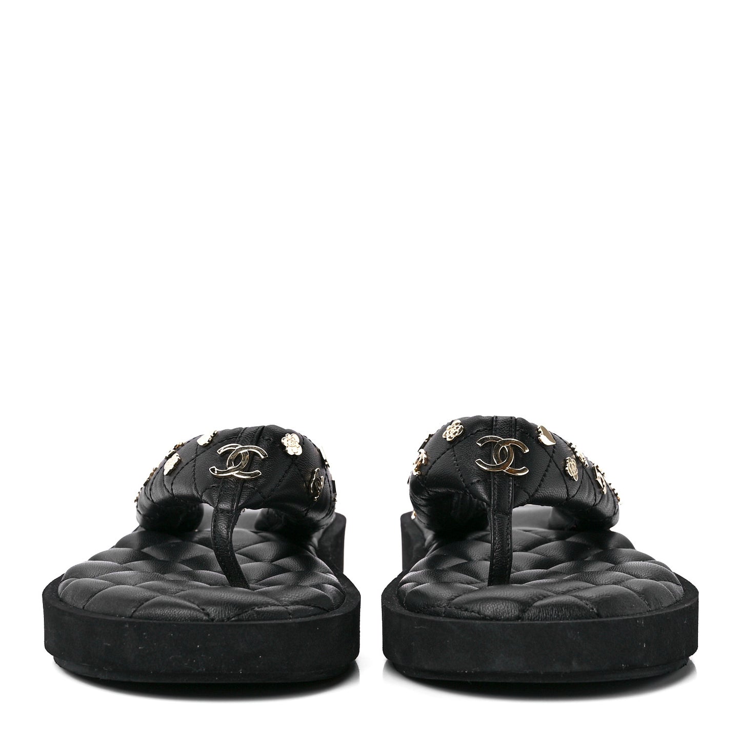 Lambskin Quilted Padded Charms Thong Sandals 39 Black