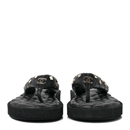 Chanel Lambskin Quilted Padded Charms Thong Sandals 39 Black 2 of 7