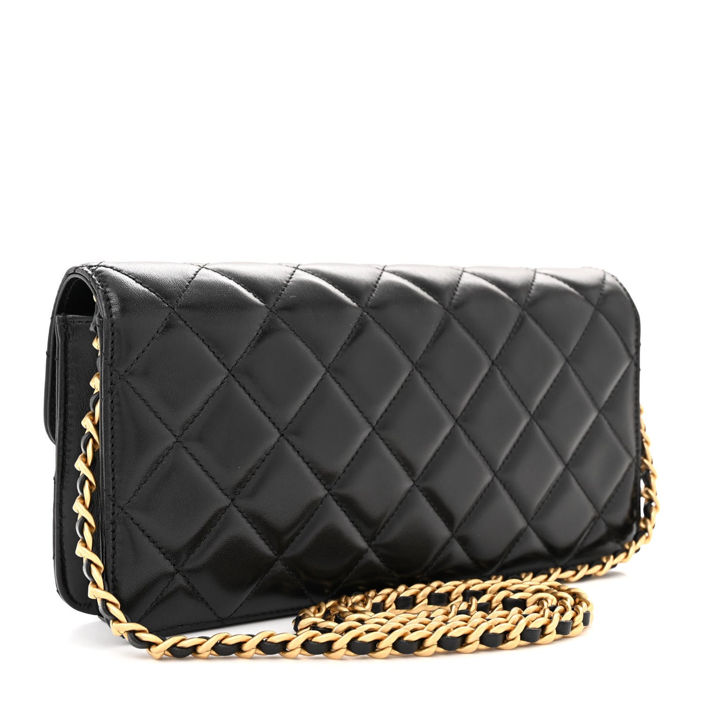 Shiny Lambskin Quilted Flap Clutch Bag Black