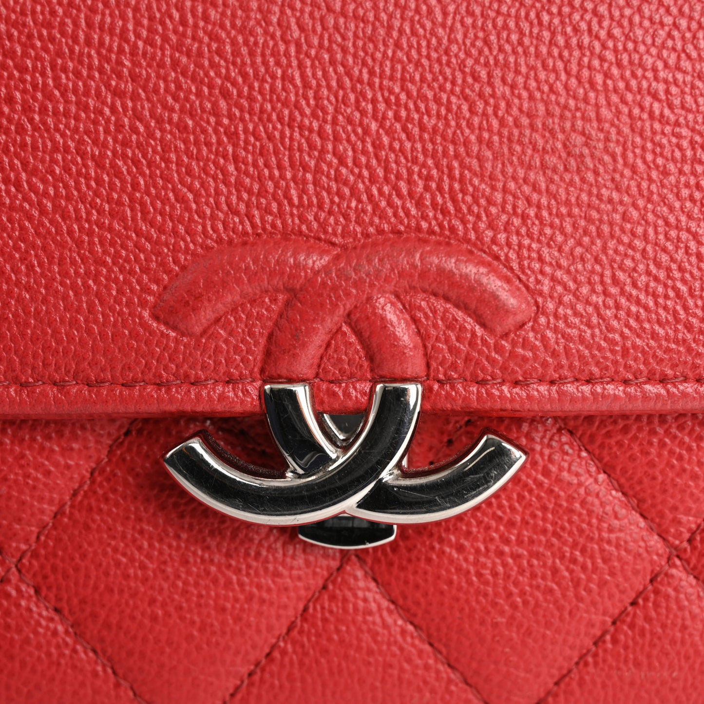 Grained Calfskin Quilted CC Box Flap Wallet Red