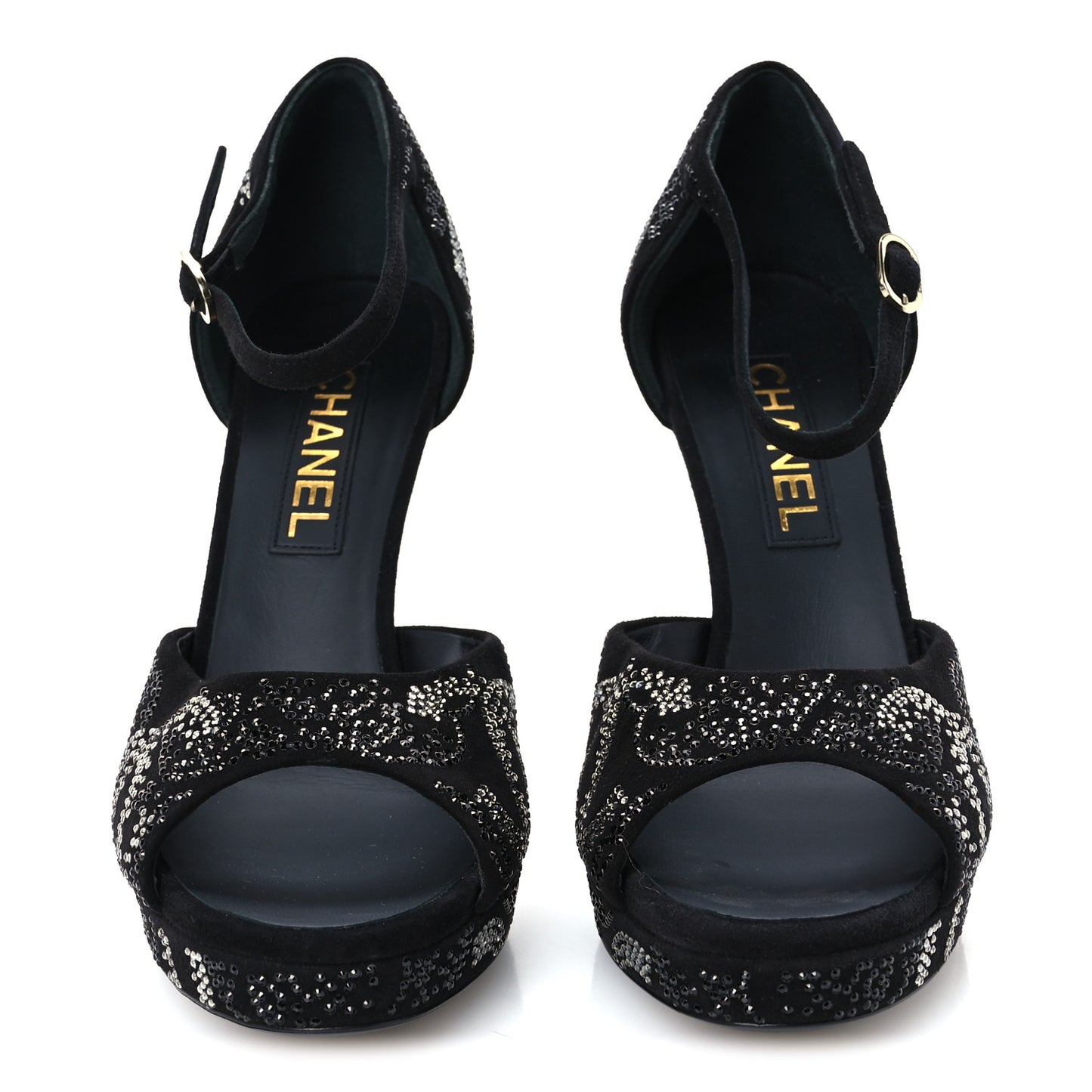 Suede Kidskin Strass CC Platform Sandals 40 Black Silver