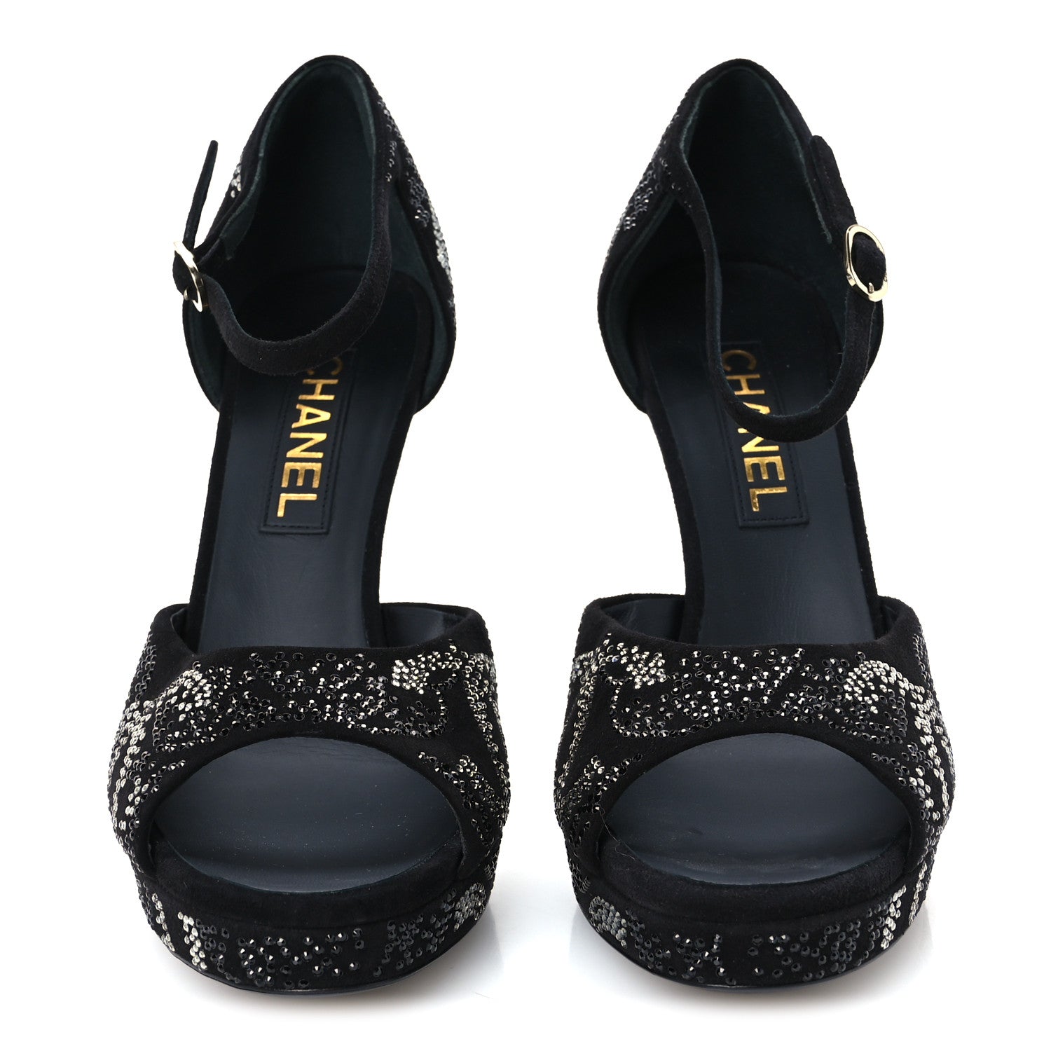 Chanel Suede Kidskin Strass CC Platform Sandals 40 Black Silver 3 of 10