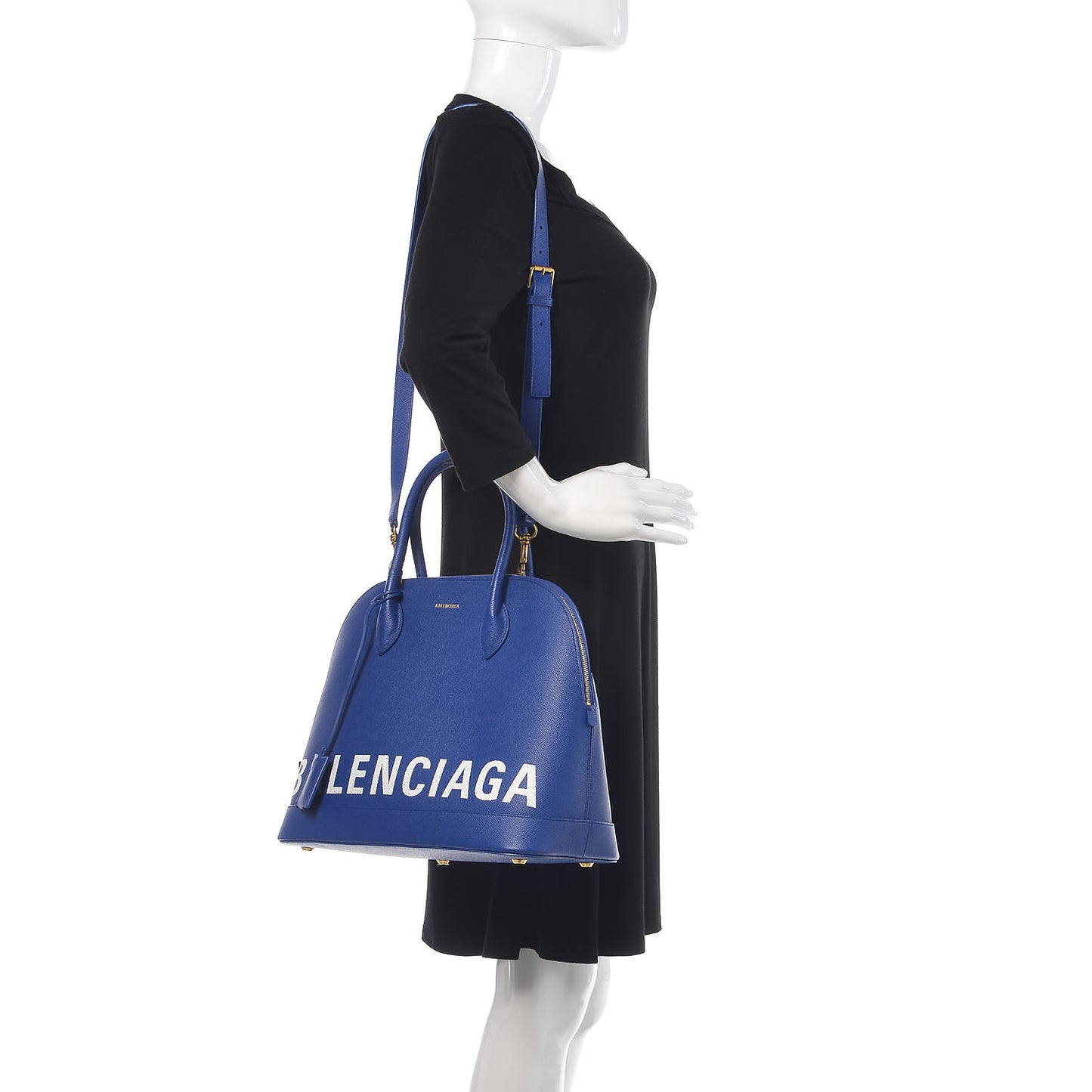 Signature Grained Calfskin Logo M Ville Top Handle Bag Bleu Roi White