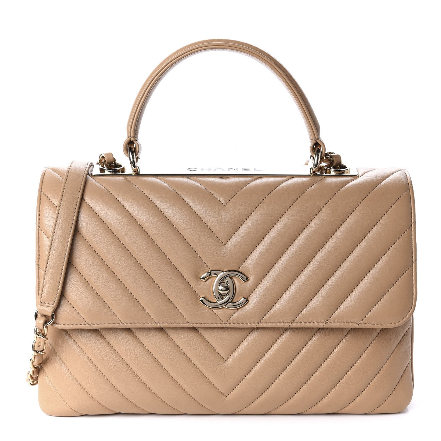 Lambskin Chevron Quilted Medium Trendy CC Dual Handle Flap Bag Beige