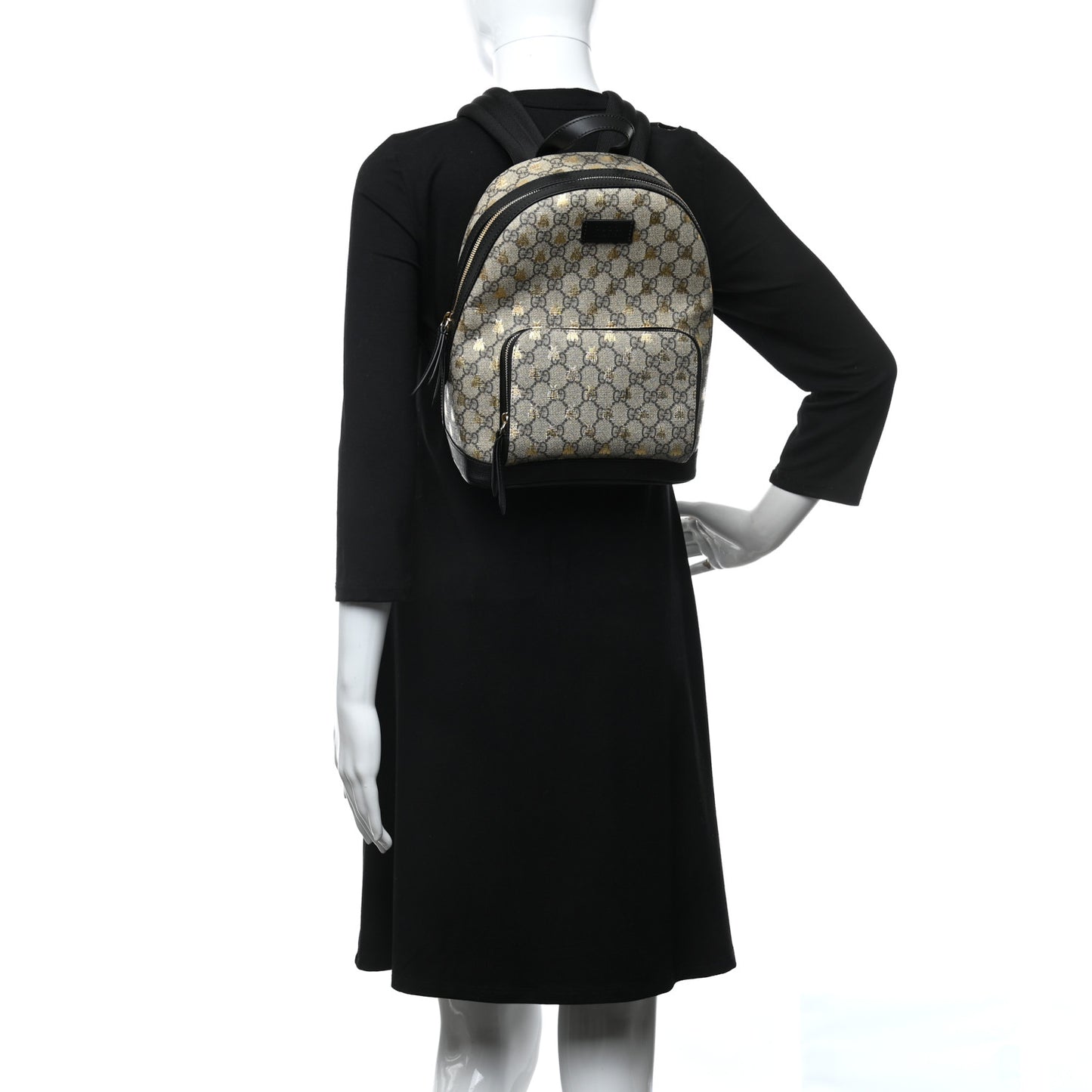 GG Supreme Monogram Bees Print Small Day Backpack Beige Oro Black