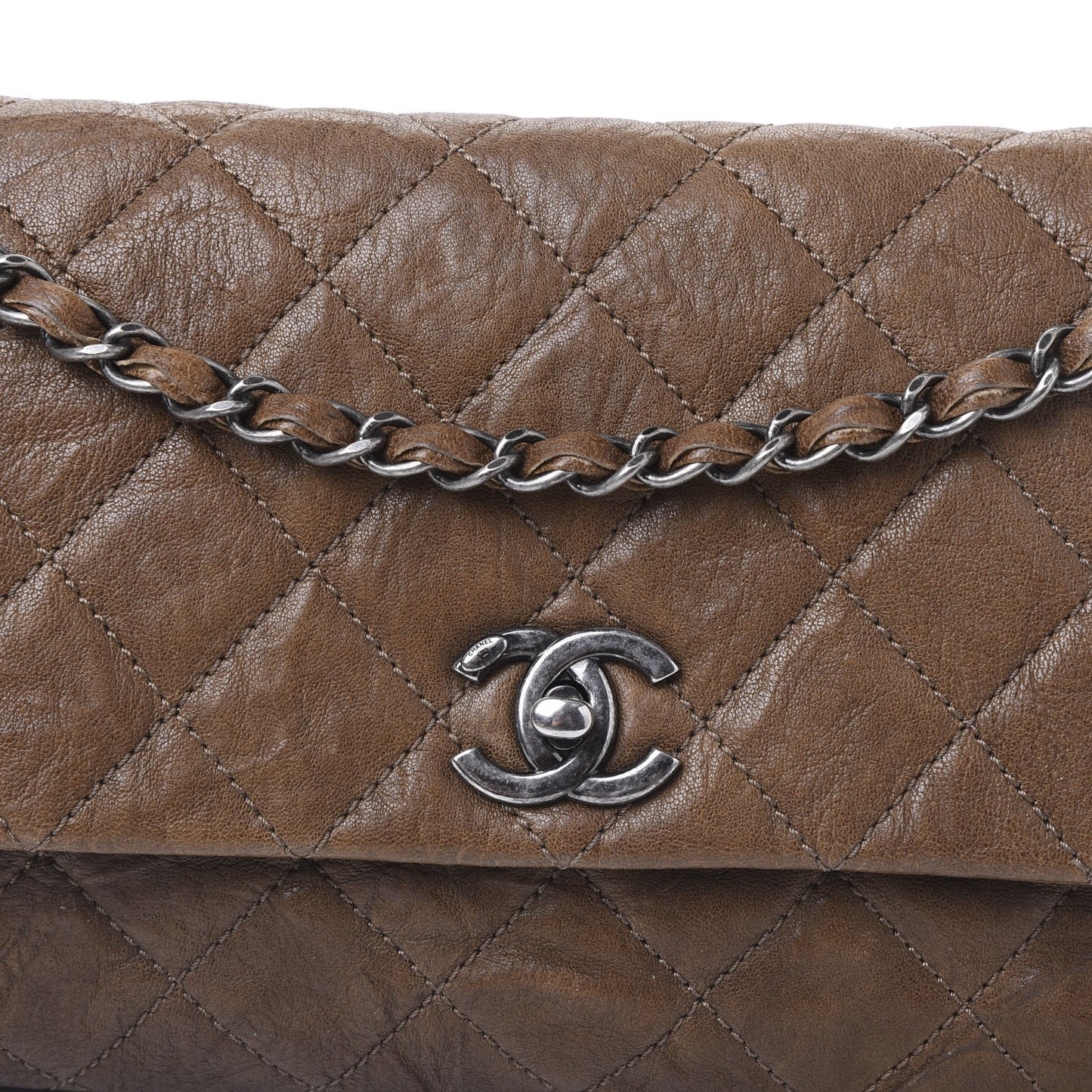 Crumpled Lambskin Quilted Medium Single Flap Khaki