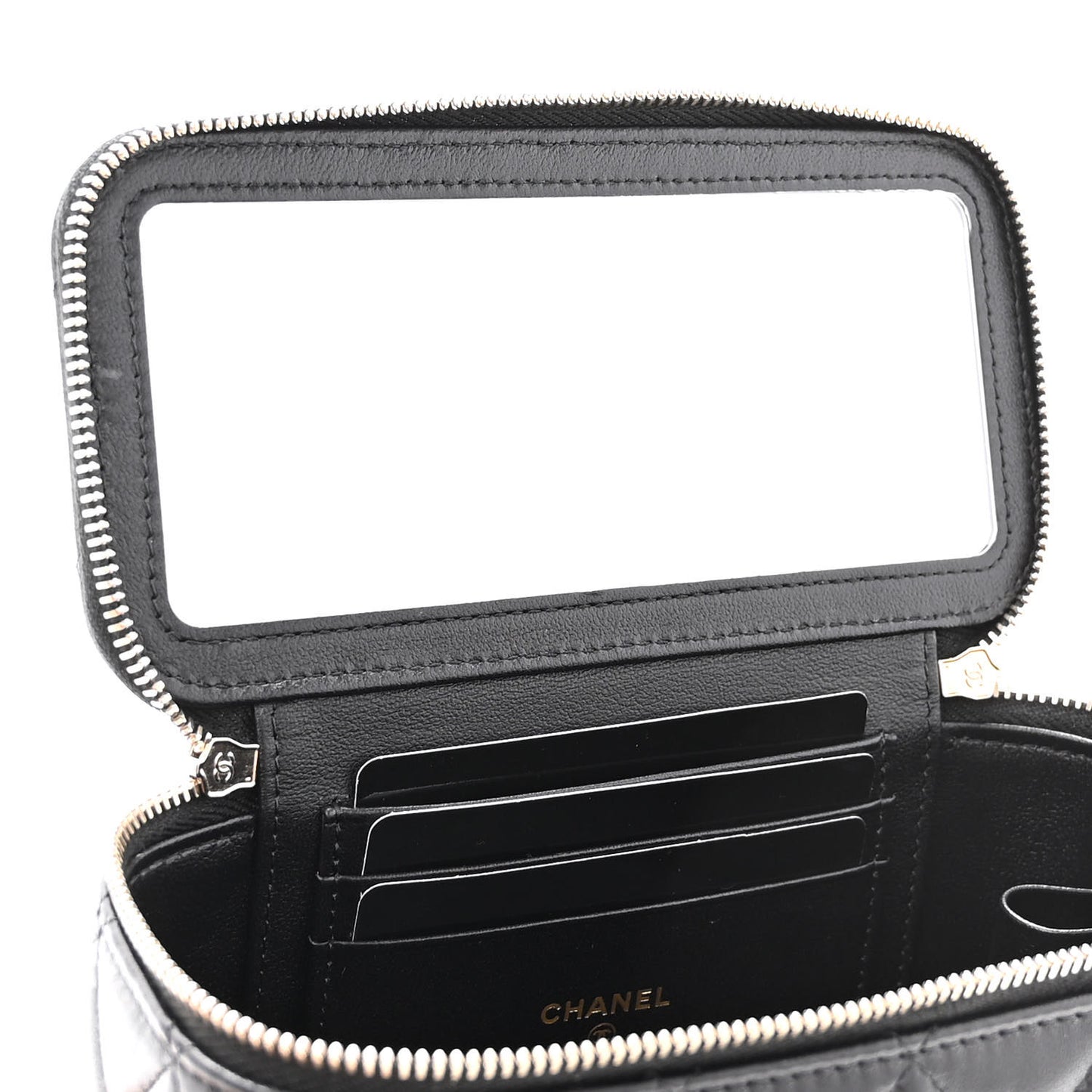 Lambskin Quilted Small Top Handle Vanity Case With Chain Black