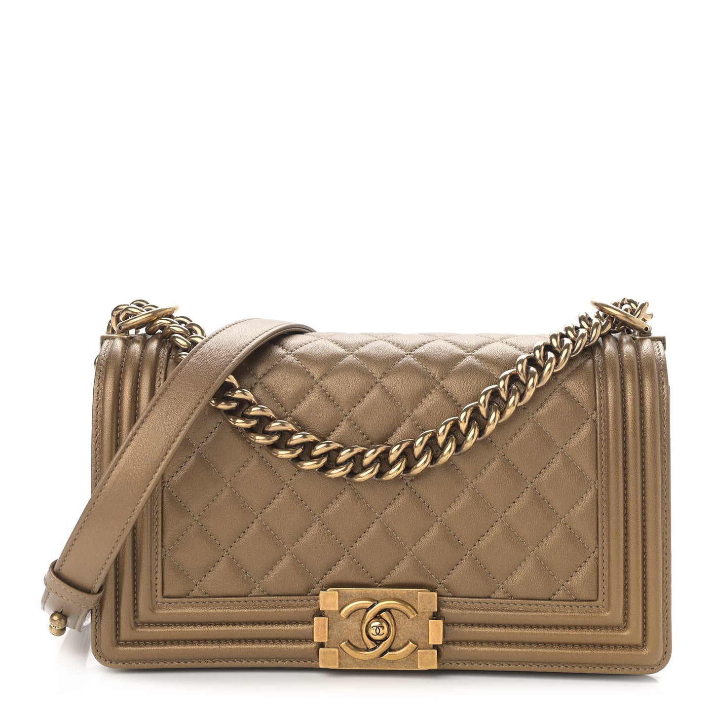 Metallic Lambskin Quilted Medium Boy Flap Dark Gold