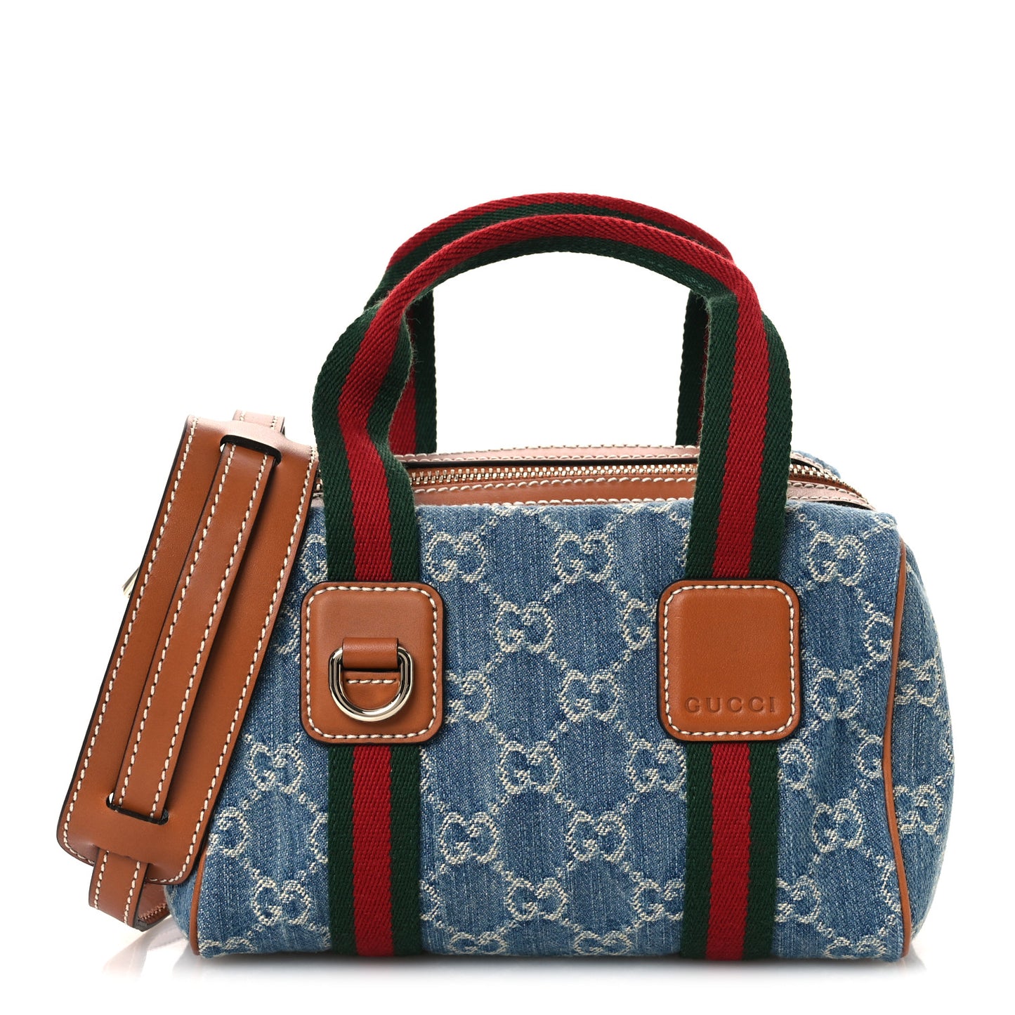 GG Denim Calfskin Web Mini GG Top Handle Bag Light Blue White