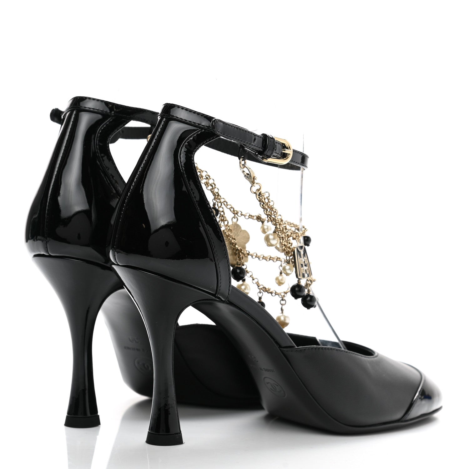Chanel Patent Cap Toe Chain Ankle Strap Pumps 39 Black 4 of 8
