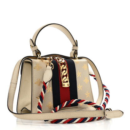 Gucci Textured Calfskin Bee Star Print Mini Sylvie Top Handle Bag Mystic White 3 of 14