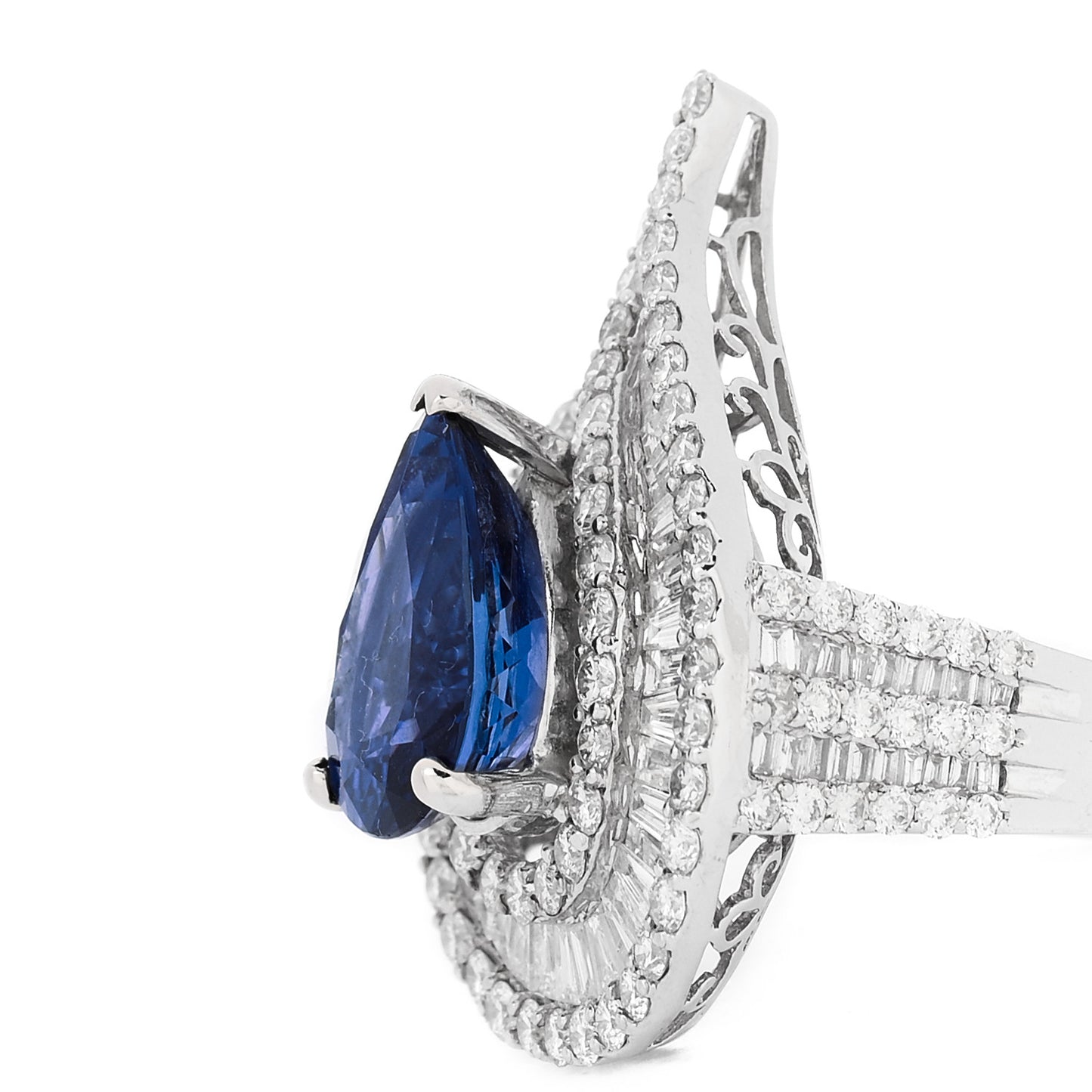 18K White Gold Diamond Tanzanite 3.64ctw Pear Cut Cocktail Ring 54 6.75