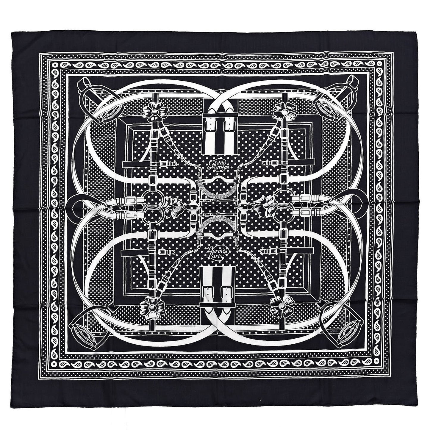 Silk Cashmere Grand Manege Bandana Shawl 140 Black White