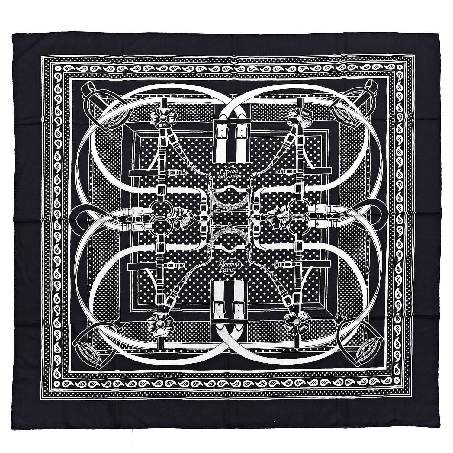 Hermes Silk Cashmere Grand Manege Bandana Shawl 140 Black White 1 of 7
