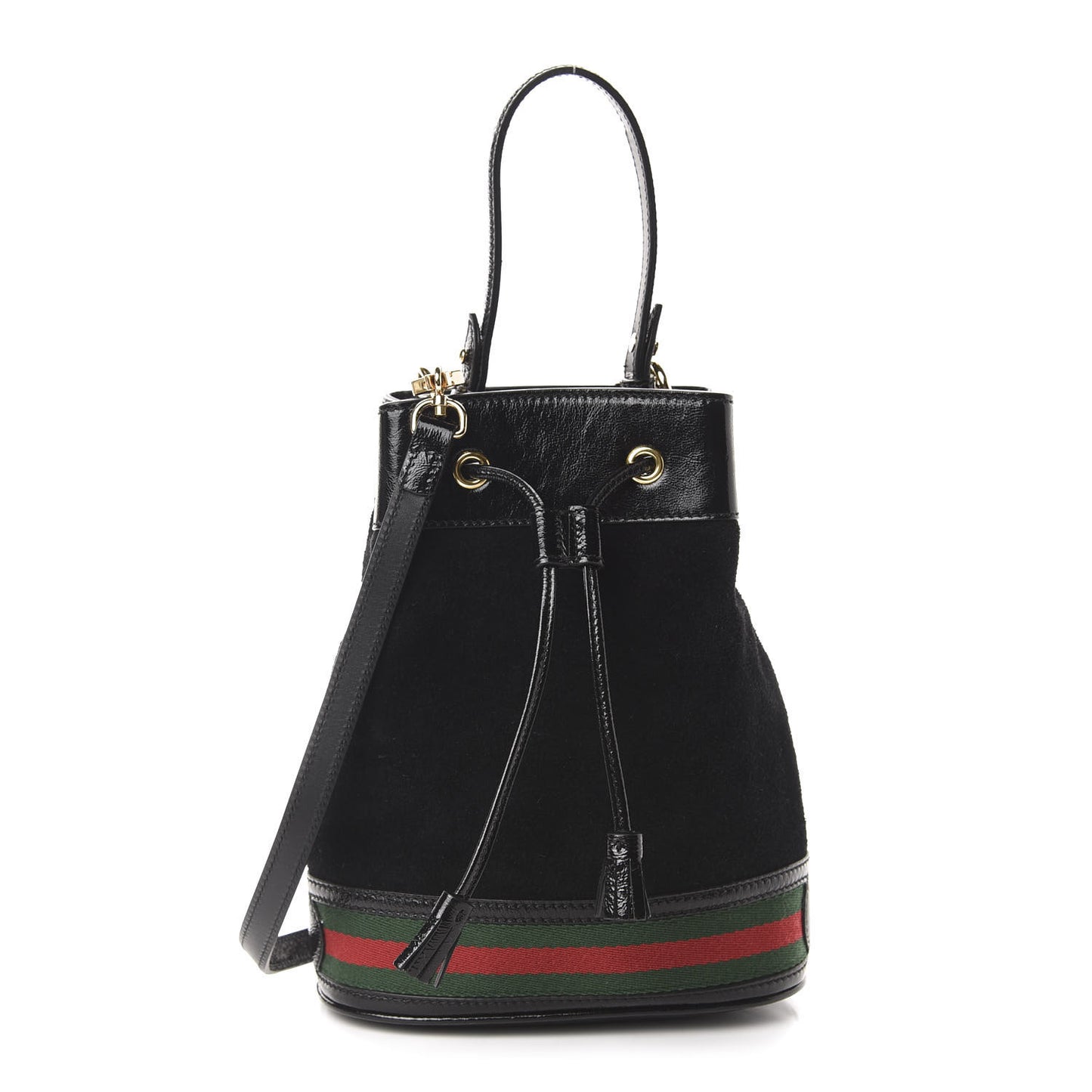 Suede Patent Web Small Ophidia Bucket Bag Black