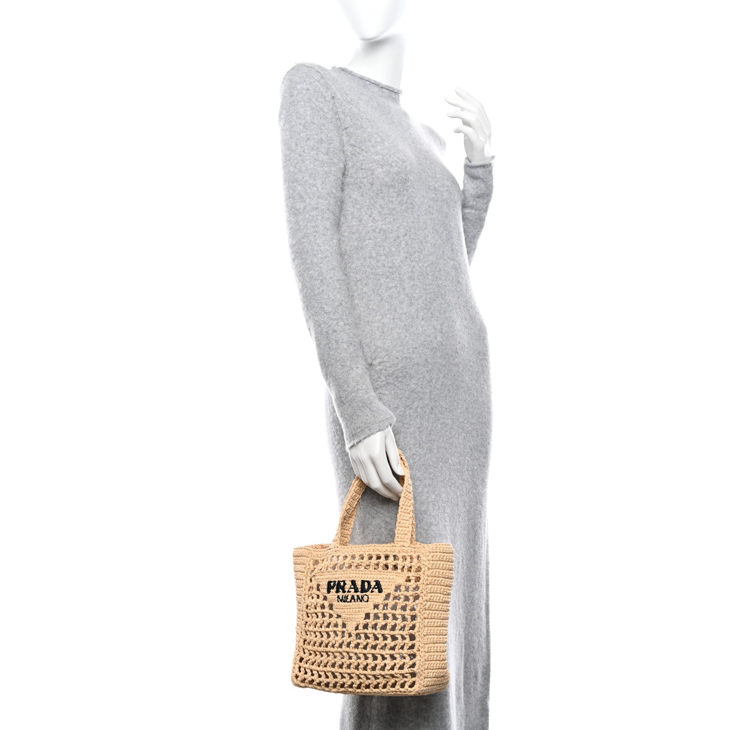 Prada Yarn Raffia Effect Crochet Logo Embroidered Small Tote Bag Naturale 2 of 9