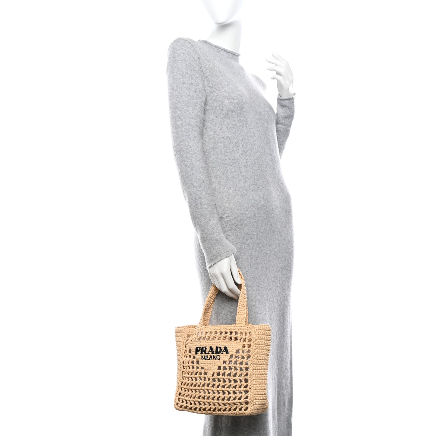 Yarn Raffia Effect Crochet Logo Embroidered Small Tote Bag Naturale