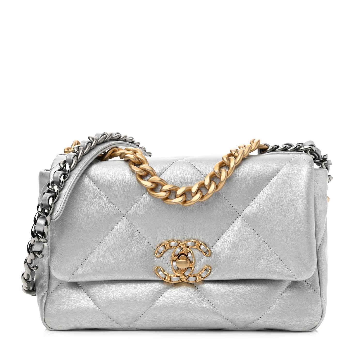 Metallic Goatskin Quilted Medium Chanel 19 Flap Silver