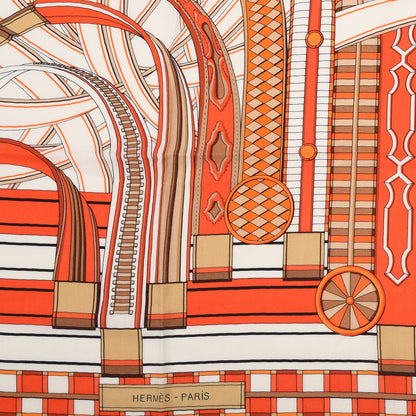 Hermes Cashmere Silk Voltes Et Pirouettes Shawl 140 Orange White Vermillion 2 of 4