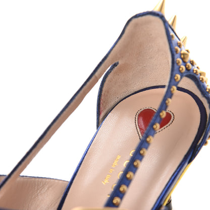 Gucci Metallic Nappa Silk Grosgrain Studded Sylvie Web Bamboo Low Heel Pumps 39.5 Sapphire 8 of 9