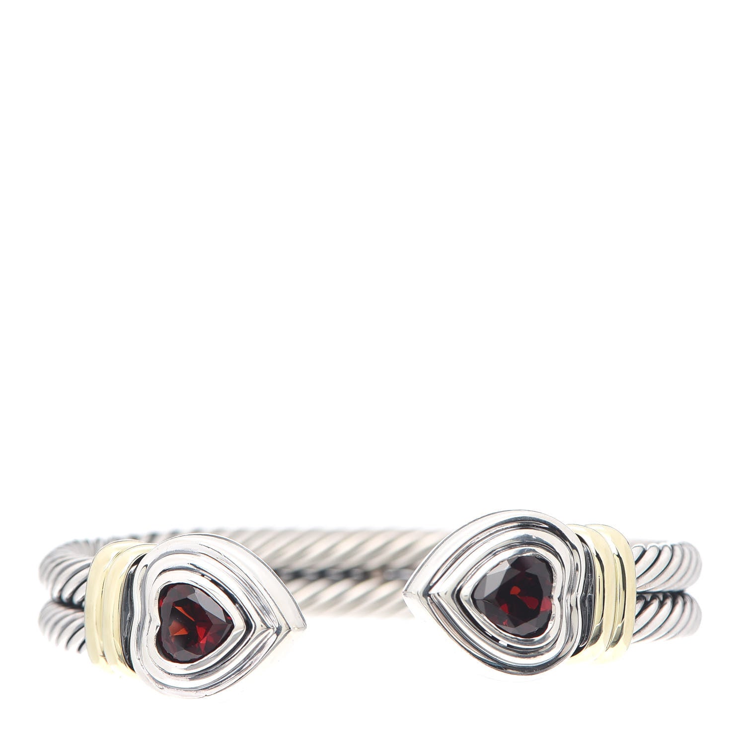 David Yurman Sterling Silver 14K Yellow Gold Garnet Heart Double Cable Cuff Bracelet 1 of 5
