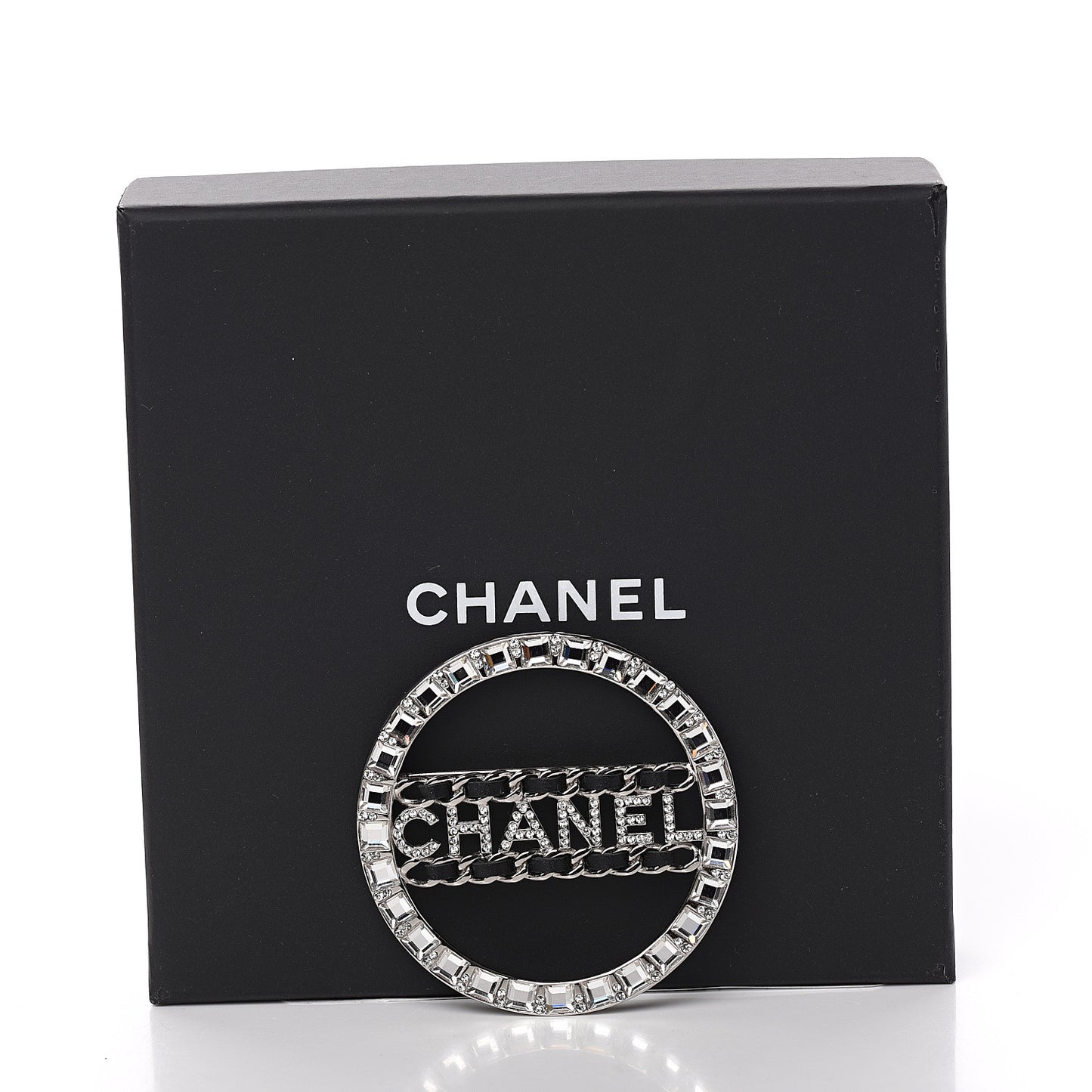 Lambskin Baguette Crystal Logo Brooch Black Silver