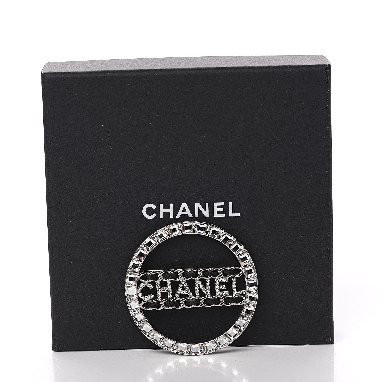 Chanel Lambskin Baguette Crystal Logo Brooch Black Silver 4 of 4