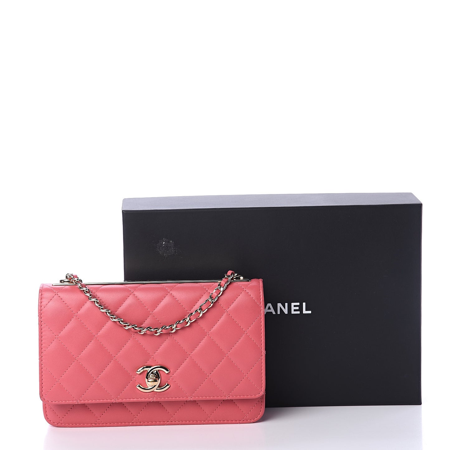 Lambskin Quilted Trendy CC Wallet On Chain WOC Bright Pink