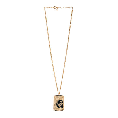 Chanel CC ID Dog Tag Charm Necklace Gold Black 3 of 6