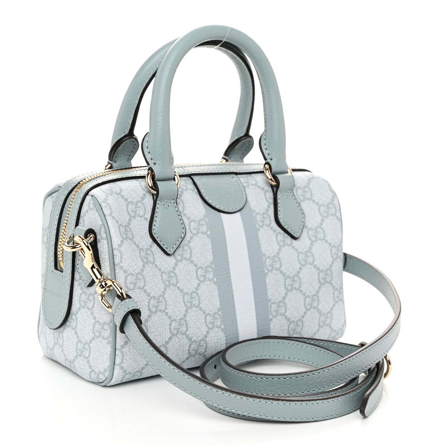 GG Supreme Monogram Textured Dollar Calfskin Web Mini Ophidia Top Handle Bag Dusty Blue