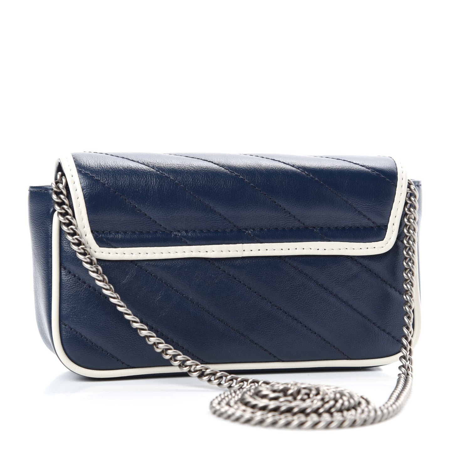 Vintage Effect Calfskin Matelasse Diagonal Super Mini Torchon GG Marmont Shoulder Bag Blue Agata Mystic White