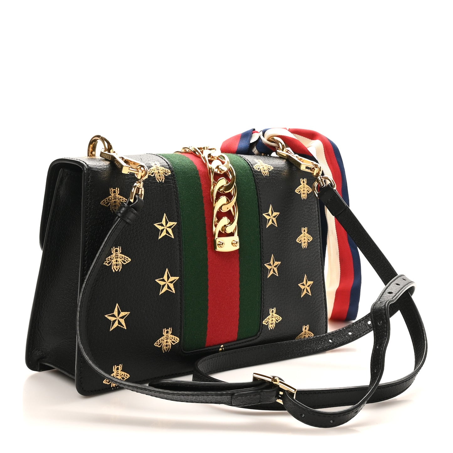 Textured Calfskin Bee Star Print Small Sylvie Shoulder Bag Black