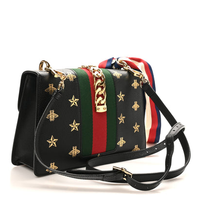 Gucci Textured Calfskin Bee Star Print Small Sylvie Shoulder Bag Black 3 of 10