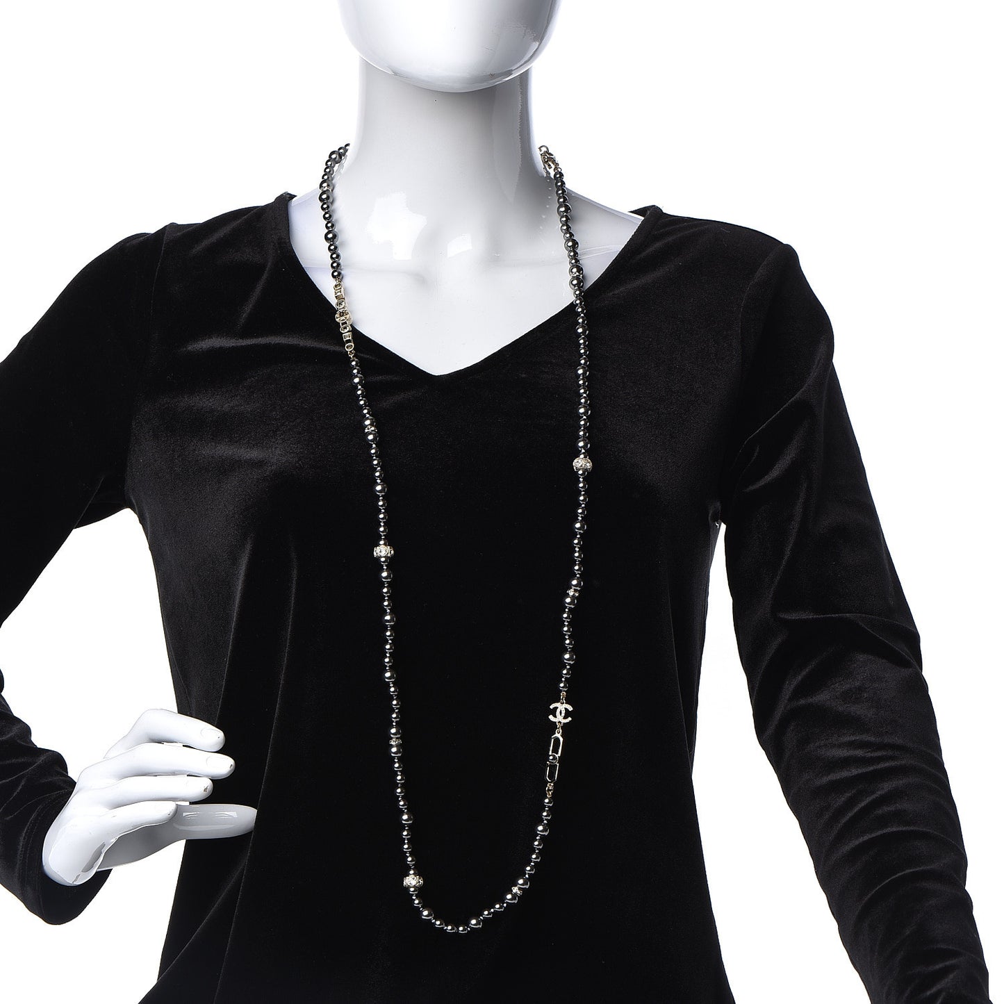 Pearl Crystal CC Long Necklace Grey Light Gold
