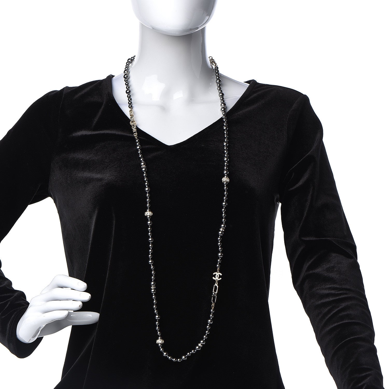 Chanel Pearl Crystal CC Long Necklace Grey Light Gold 2 of 5