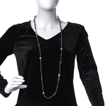 Chanel Pearl Crystal CC Long Necklace Grey Light Gold 2 of 5