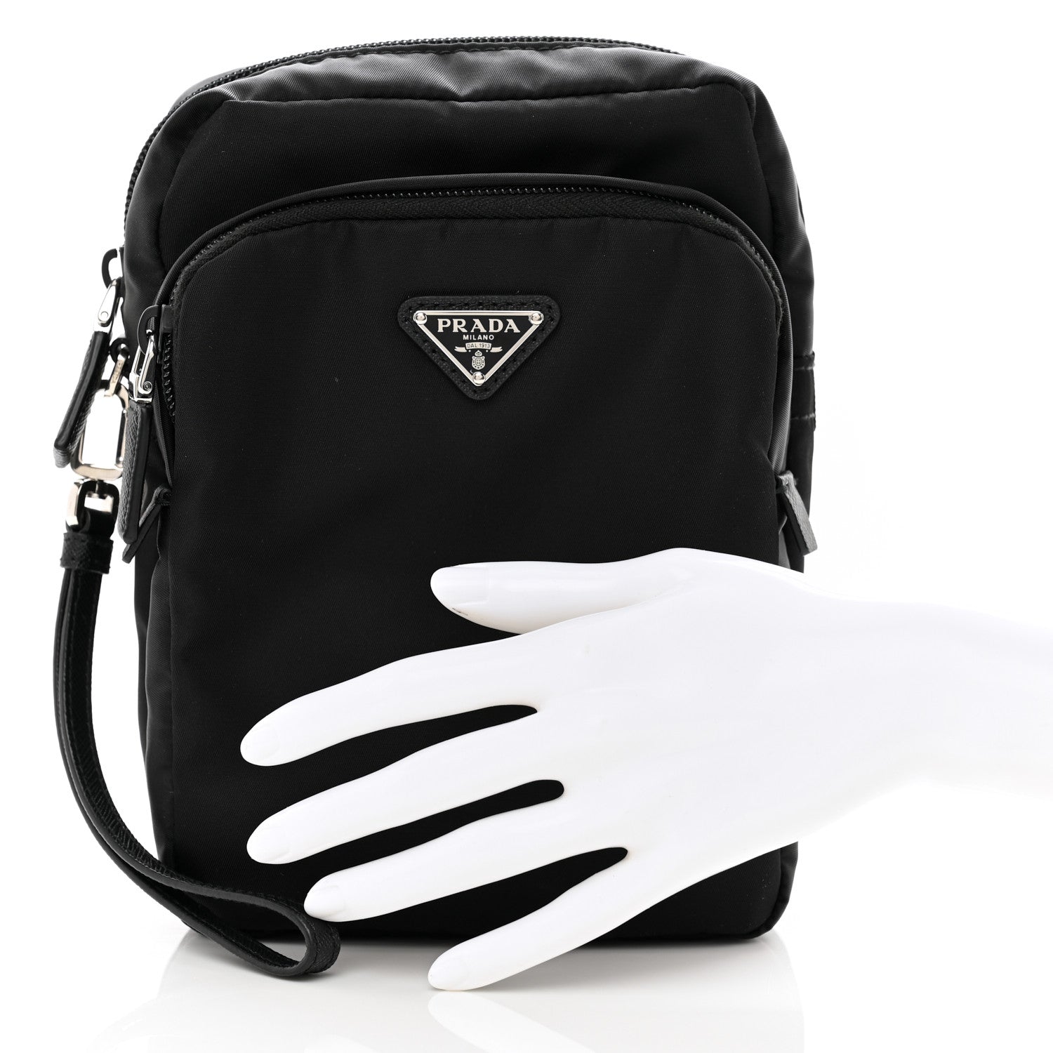 Prada Tessuto Nylon Saffiano Vertical Wristlet Pouch Black 2 of 6