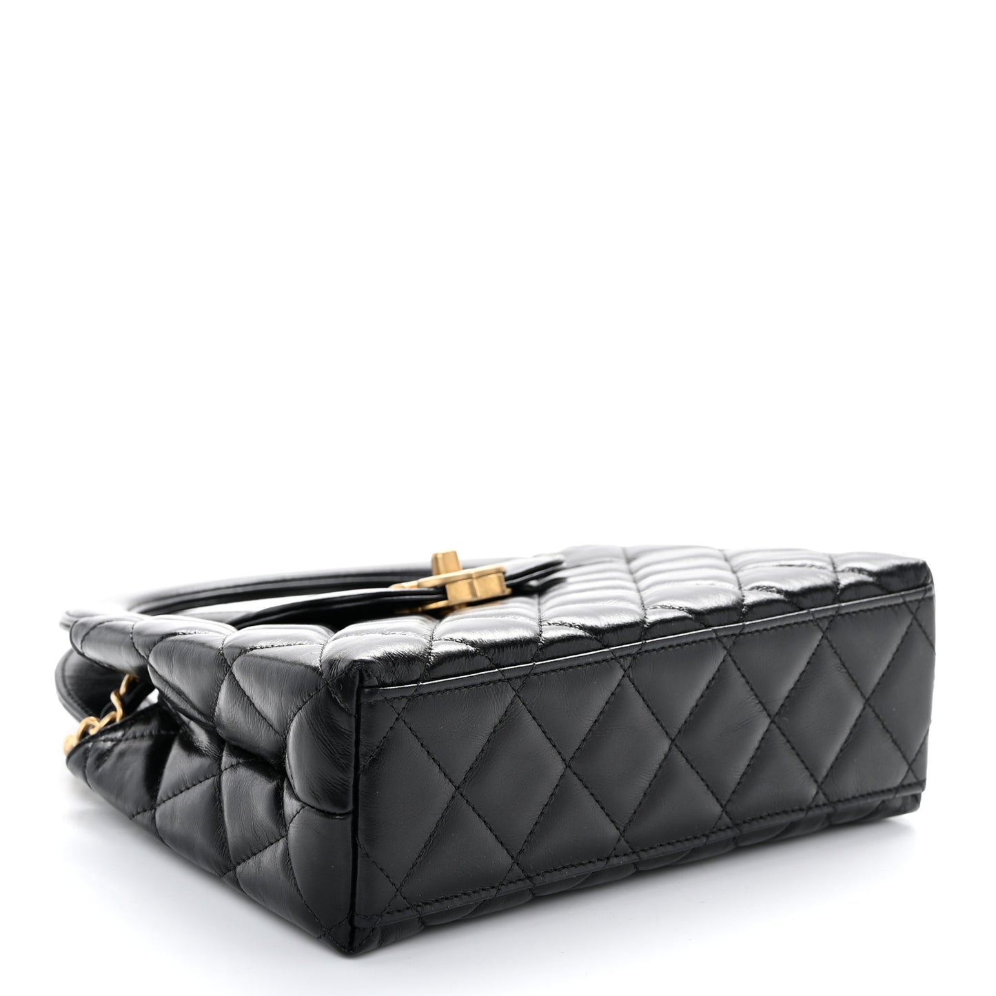 Shiny Aged Calfskin Quilted Nano Kelly Shopper Black