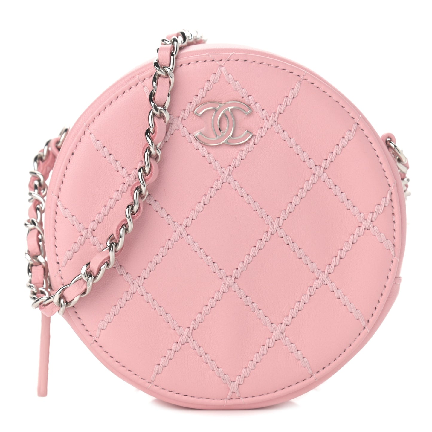 Lambskin Stitch Round Clutch With Chain Pink