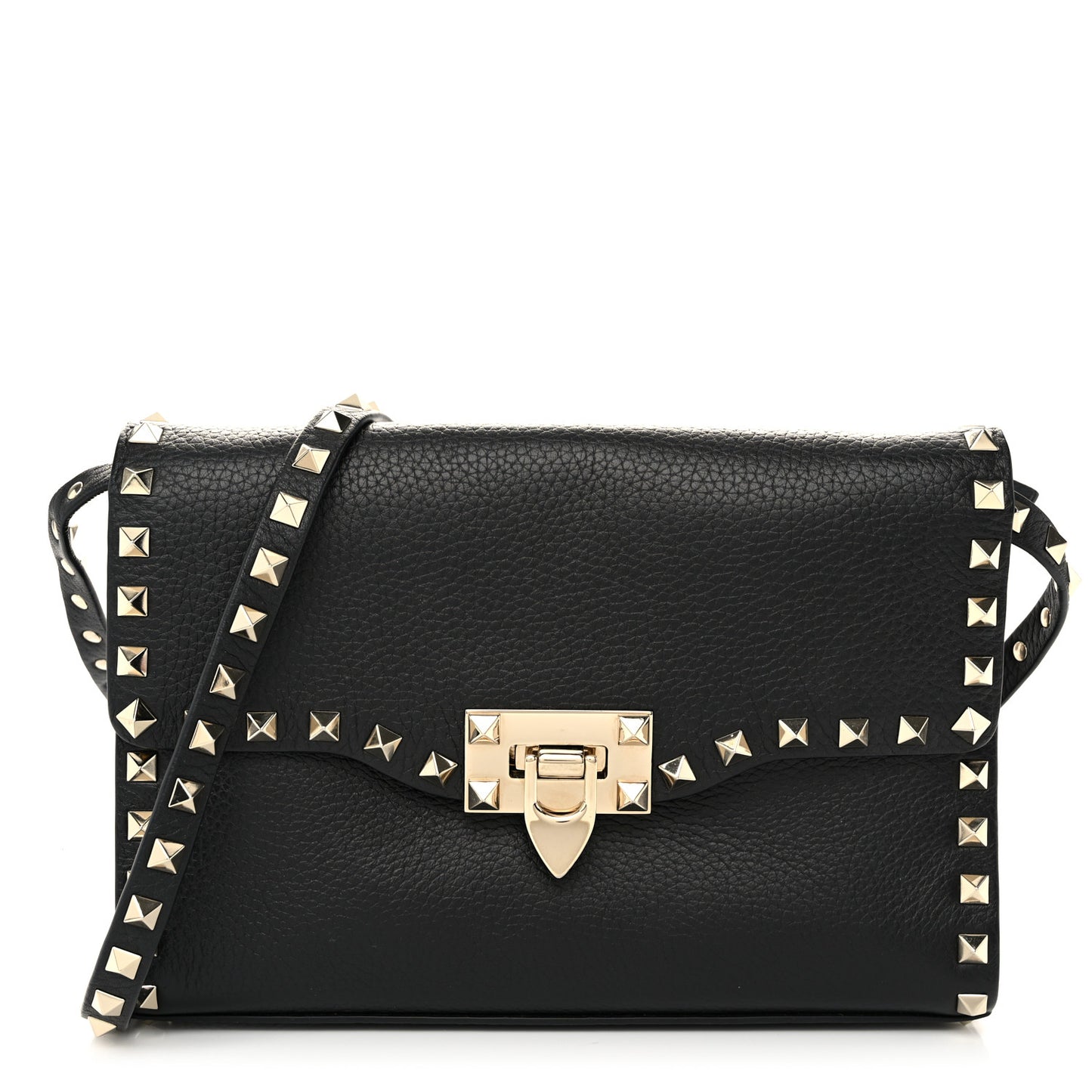Pebbled Calfskin Medium Rockstud Flip Lock Crossbody Bag Black