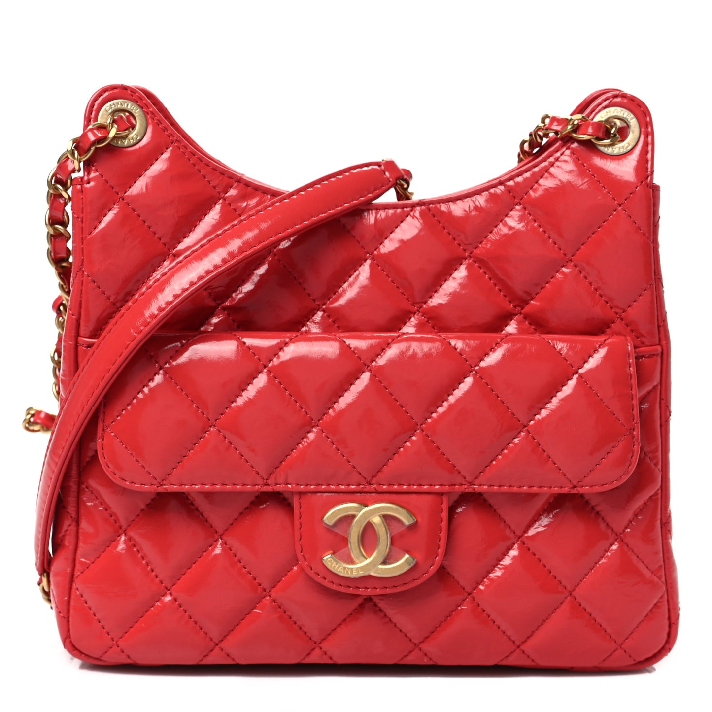 Shiny Crumpled Calfskin Quilted Wavy CC Hobo Red