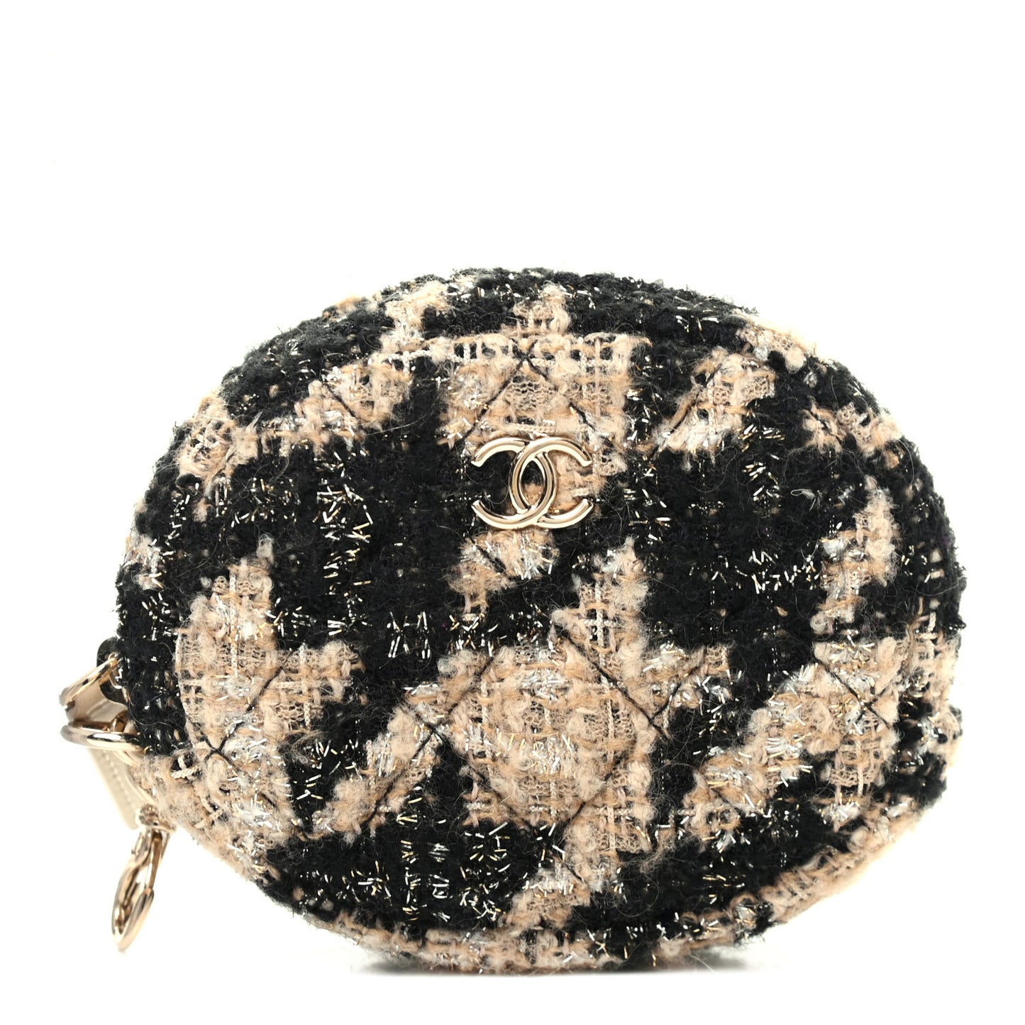 Wool Tweed Quilted Round Clip On Coin Purse Beige Black