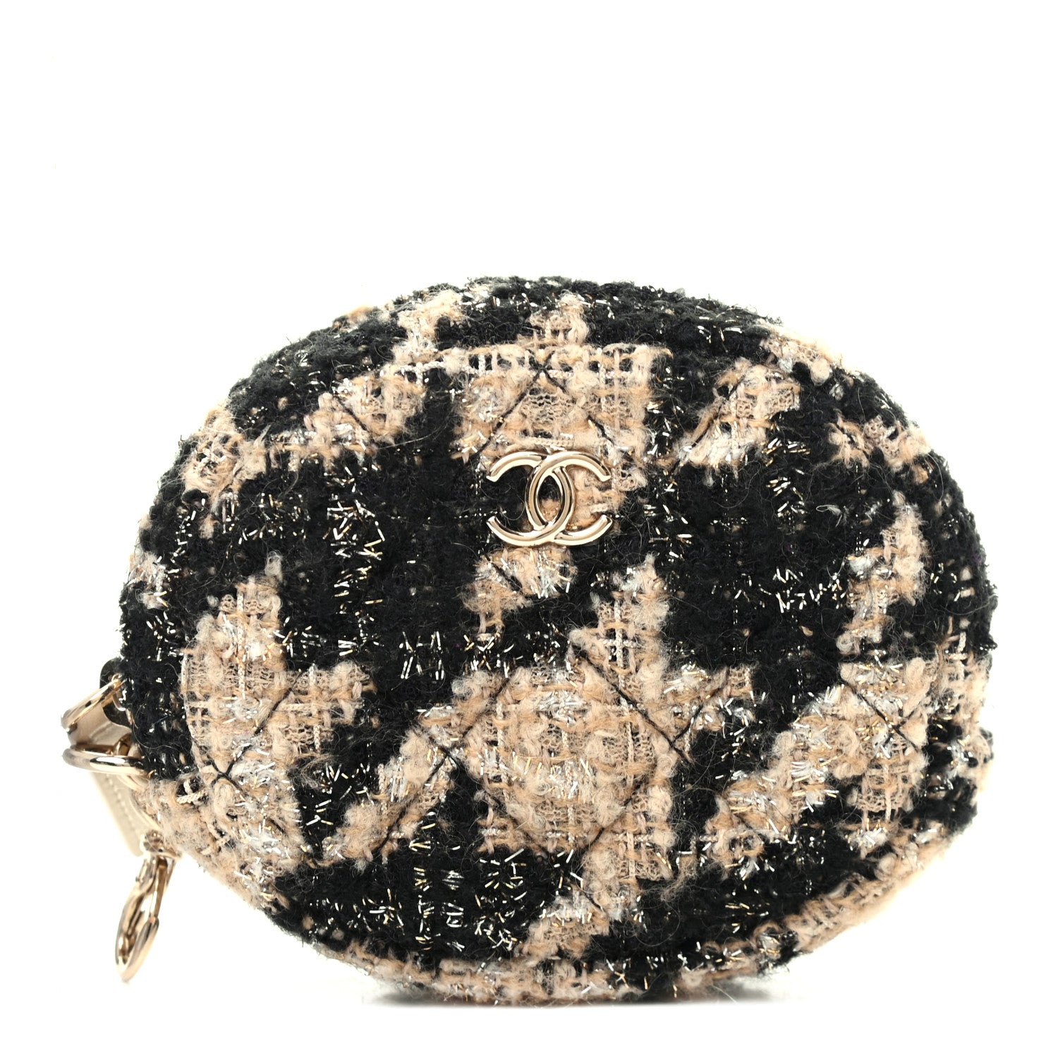Chanel Wool Tweed Quilted Round Clip On Coin Purse Beige Black 1 of 6