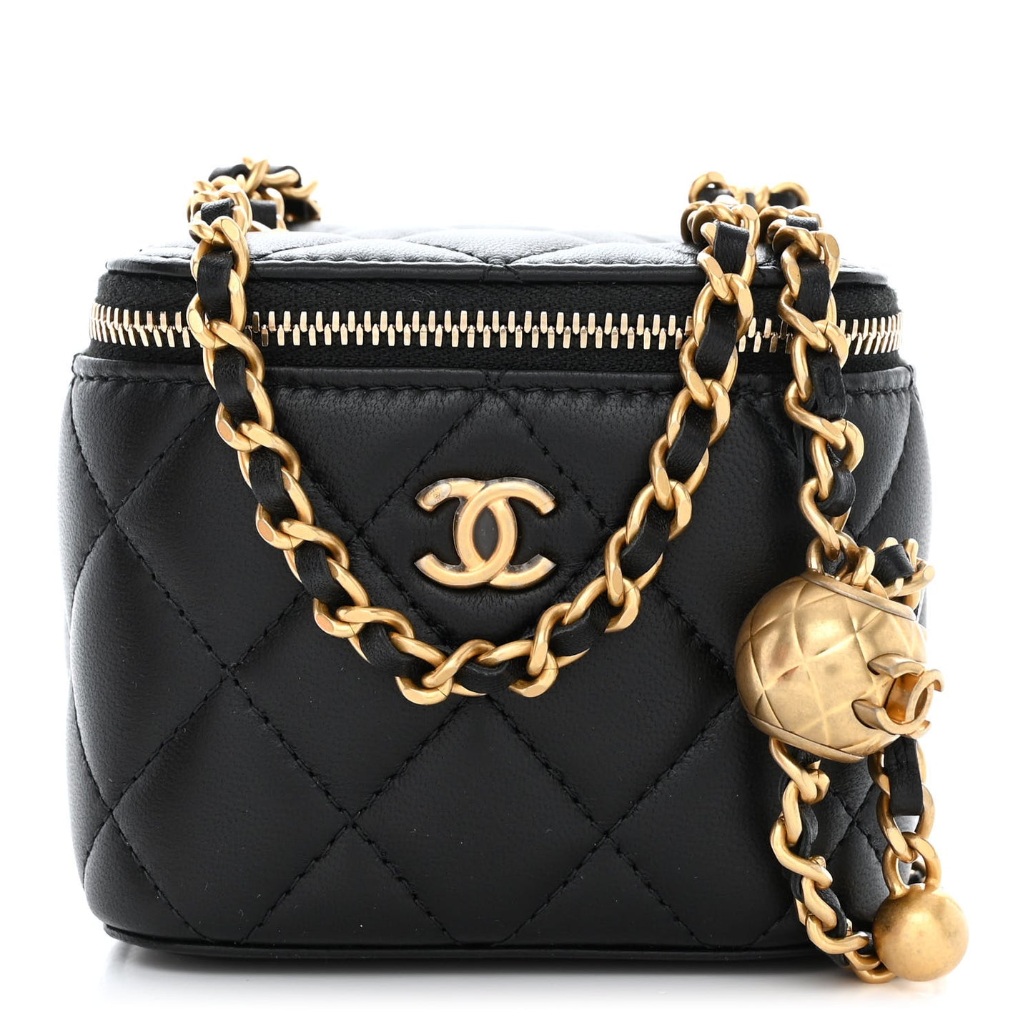 Lambskin Quilted Mini Pearl Crush Vanity Case With Chain Black