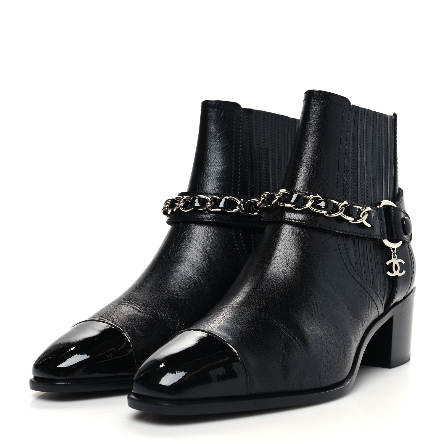 Chanel Goatskin Patent CC Cap Toe Chain Boots 37 Black 3 of 8